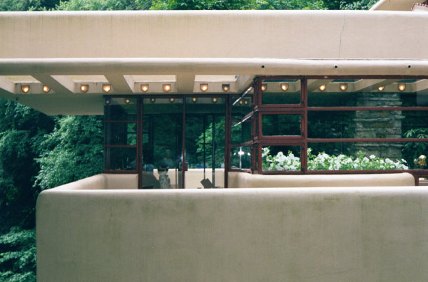 [Fallingwater: Living room terraces, looking straight through the end of the living room]