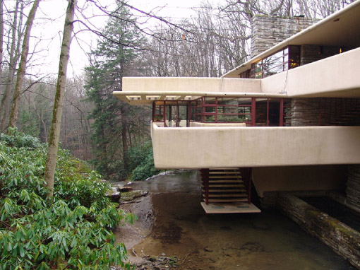 [Southeast exterior, stairs to stream & waterfall]